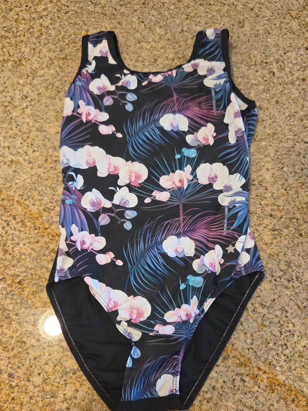 Girls Floral Orchid One-Piece Gymnastics Leo Black with Pink & Blue Floral Print